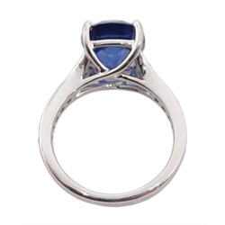 Platinum cushion cut Ceylon sapphire ring, with diamond shoulders, hallmarked, sapphire 6.07 carat