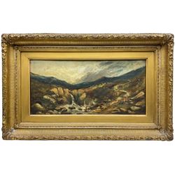 English School (19th Century): Shepherd Beside a Waterfall, oil on canvas unsigned 19cm x 39cm 