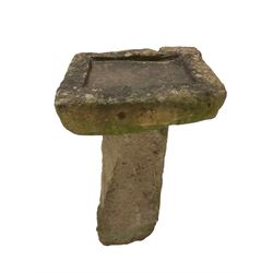 Two-piece stone bird bath, rectangular basin on hand tooled pedestal base