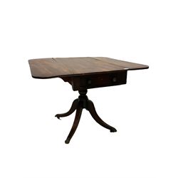 Georgian mahogany drop leaf table with single frieze drawer and one dummy drawer to reverse, raised on a turned pillar with four splayed supports terminating in hairy paw brass castors W90cm, D50cm, H72cm 
