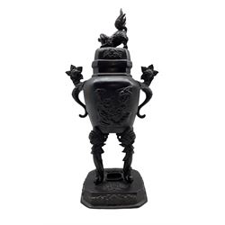 20th century Oriental patinated bronze censer and cover, twin-handled form with dog of fo finial and four scroll supports, H42cm 