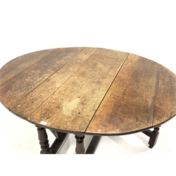Late 17th century oak gateleg dining table, the oval top raised on turned and block supports, 163cm x 137cm, H73cm