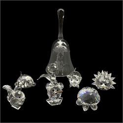 Group of Swarovski Crystal animal figures to include a turtle, tortoise, pig, mouse, Squirrel and hedgehog, a similar style Seal and a Royal Doulton bell, mostly with original boxes
