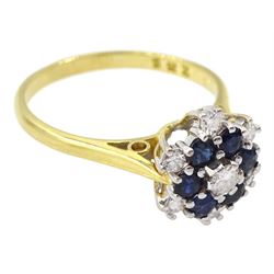 18ct gold round sapphire and round brilliant cut diamond cluster ring, Birmingham 1975