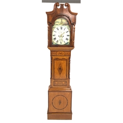 Victorian oak, mahogany and rosewood longcase clock, white painted enamel dial inscribed 'Geo Keates, Cheadle' with Roman chapter ring, subsidiary date aperture and seconds ring, swan neck pediment over mahogany frieze and turned pilasters, box wood marquetry detailing, eight day movement striking on bell, H231cm
