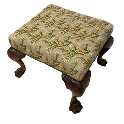 George II design walnut cabriole stool, rectangular seat upholstered in Indian silk and metal thread floral crewel work with studded band, hairy paw carved cabriole supports with fruiting vine leaf and scroll carved knees
Provenance: From the Estate of the late Dowager Lady St Oswald