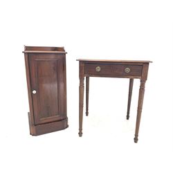 Victorian mahogany bedside cupboard with raised back over single panelled door, (W37cm) together with a a mahogany side table (W58cm)