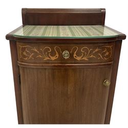 Pair of early 20th century inlaid mahogany bedside cabinets, raised back with curled reeded edge, fitted with single drawer with scrolling foliate inlays over single cupboard