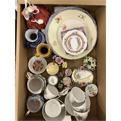 Suzie cooper coffee cups, Royal Doulton figure, Charlotte Rhead preserve pot, Honiton pottery jugs etc in two boxes
