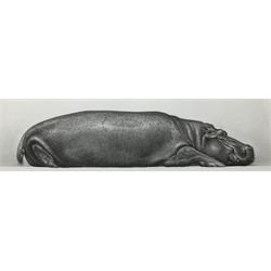 Gary Hodges (British 1954-): 'Tropical Slumber' Study of  Hippo, limited edition black and white print signed and numbered 550/850 in pencil 15cm x 52cm