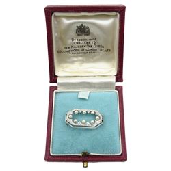 Early-mid 20th century platinum and white gold diamond and pearl brooch, in Collingwood velvet and silk lined box 