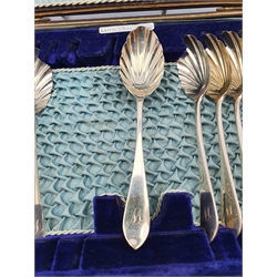 Set of twelve Edwardian silver tea spoons with shell bowls London 1901 Maker Wakely and Wheeler, pair of early 19th Century silver sugar tongs and three other sugar tongs 9.7oz
