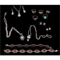 Silver stone set jewellery including, opal rings, necklaces and earrings, two amber bracelets and two amber rings, a moonstone pendant and a pair of moonstone stud earrings
