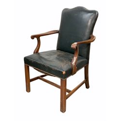 George III style mahogany framed library chair open armchair, upholstered in studded leather raised on square moulded supports with inner chamfer, W63cm