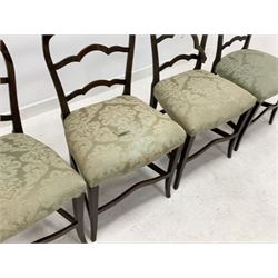 Set four Edwardian dining chairs, with shaped back rails, seats upholstered in damask, raised on square tapering and splayed supports W51cm