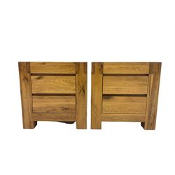 Pair of oak bedside chests, fitted with two drawers, raised on stile supports W53cm, H55cm, D40cm