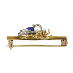 18ct gold and silver, rose cut diamond, pearl and lapis lazuli insect fly brooch, with green stone set eyes