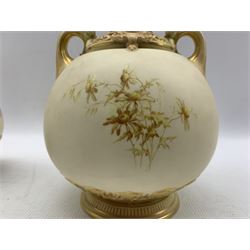 Late Victorian Royal Worcester Persian style, vase of globular twin handled form, the ivory ground painted with Butterflies, flowers and foliage, on circular moulded foot, with puce printed marks beneath including shape number 1574, and date code for 1892, H25.5cm, together with a similar style vase, with twin mask handles,  with puce printed marks beneath including shape number 1626 and date code for 1894 (2)