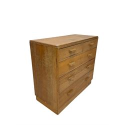 20th century oak chest of drawers with two short over three long graduated drawers, raised on a plinth base W105cm, H95cm, D48cm