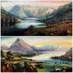 JWH (Continental Early 20th century): Plush Fjord Landscape with Mountains, pair oils on board signed with initials 15cm x 30cm (2)