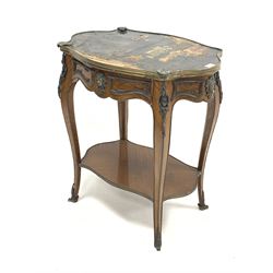 Early 20th century French Kingwood occasional table, the top decorated with embossed chinoiserie design, over single frieze drawer and shaped apron, raised on slender cabriole supports with sabot feet, united by under tier, with floral and mask ormolu mounts  66c,m x 46cm, H72cm