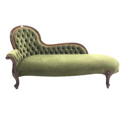 Victorian style mahogany chaise longue, upholstered in buttoned green velvet, raised on scroll carved cabriole supports L164cm