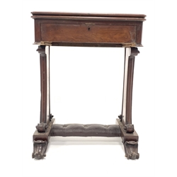 Early to mid 19th century mahogany tea table, fold over revolving top over frieze drawer, scrolled panel end supports, raised on platform base united by leather upholstered stretcher, with scrolled feet, W53cm, H71cm, D39cm