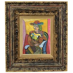 Jose Guerra Moncayo (Spanish 20th century) after Pablo Picasso (Spanish 1881-1973): Seated Woman', oil on board signed, signed and dated 1996 verso, housed in heavy gilt stepped frame 56cm x 44cm