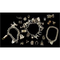 Two silver charm bracelets, charms including golden retriever, ladder, poodle, If Found Return keys, whistle and cupid, silver curb bracelet and loose silver charms including classic car, passport and champagne bucket and bottle