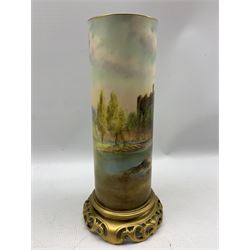Royal Worcester vase decorated by Harry Ayrton, the cylindrical form body hand painted with a scene of Raglan Castle, signed H. Ayrton, upon a circular pierced base, with 'Raglan Castle' and printed marks beneath including shape number 161, H26cm