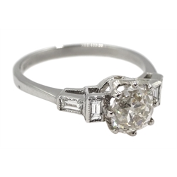 Platinum old cut diamond ring, with baguette diamond shoulders, stamped plat, central diamond approx 1.20 carat