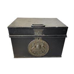 Victorian cast iron strong box 'Milner's Patent Double Fire Resisting Chambers', with keys, L50cm. H34cm, D36cm 