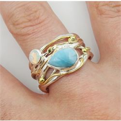 Silver and 14ct gold wire opal and larimar ring, stamped 925 