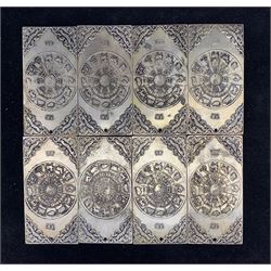 Set of eight Chinese silvered metal pendants or plaques each depicting the animals of the Chinese Calendar, the reverse with symbols and animals, 5cm x 10cm 