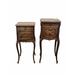 Near pair of Early 20th century French walnut bedside cupboards, both with marble top over one drawer and cupboard with marble lining, raised on slender carved supports
