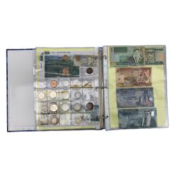 Coins and banknotes from the 'Money of the World' collection, including Central Bank of Ceylon, Bahrain Currency Board, Seychelles, Bank of Sierra Leone, South African Reserve Bank, Serbia, Central Bank of the Gambia etc, housed in seven ring binder folders