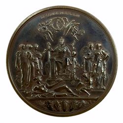 Official bronze medal commemorating the Golden Jubilee of Queen Victoria in 1887, designed by the medallist Joseph Edgar Boehm and produced by The Royal Mint, the obverse with bust facing left reading 'Victoria Regina Et Imperatrix', the reverse with seated Monarch surrounded by subjects and winged figures above, diameter approximately 77mm, weight approximately 203.1 grams 