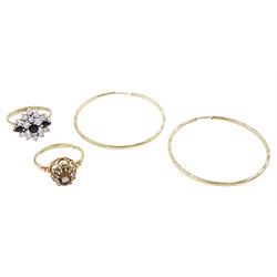 Pair of 9ct gold hoop earrings and two 9ct gold stone set cluster rings