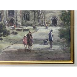 William Manners (British 1860-1930): Figures Before a Church, watercolour signed 13cm x 18cm