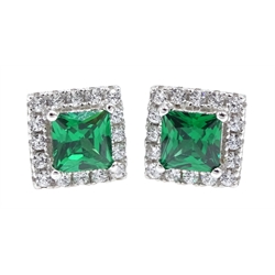 Pair of silver green stone and cubic zirconia dress stud earrings, stamped 925