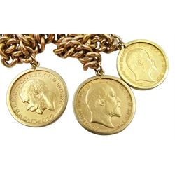 9ct gold curb link bracelet, with heart locket clasp, two gold full sovereign coins dated 1910 and 1914 and a half gold sovereign coin dated 1908, all loose mounted in 9ct gold