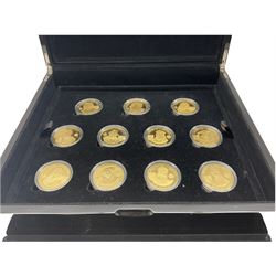 The Royal Mint 'A History of the Monarchy silver proof crown collection', comprising twenty-three Alderney 2007 silver proof five pound coins, each plated in fine gold, cased with certificates 