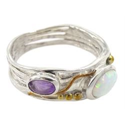 Silver and 14ct gold wire opal and amethyst ring, stamped 925 