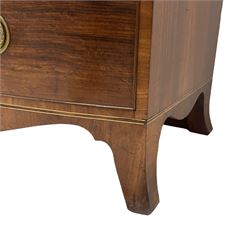 George III mahogany bow-front chest, banded top over four graduating cock-beaded drawers, fitted with circular pressed brass handle plates and bay leaf moulded handles, on splayed bracket feet