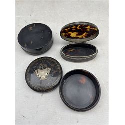 18th/ 19th century tortoiseshell circular snuff box and cover inlaid with gold pique work flowers and insects D9cm, another with silver pique decoration and an oval tortoiseshell box (3)