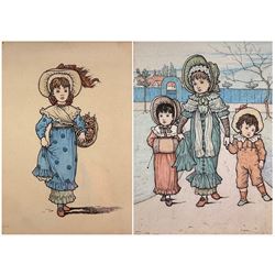 Circle of Kate Greenaway (British 1846-1901): Victorian Children Scenes, pair illustration watercolours unsigned 12cm x 19cm (2)
