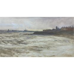 John Atkinson (Staithes Group 1863-1924): Tynemouth Beach Looking to the Priory, watercolour signed 16cm x 30cm