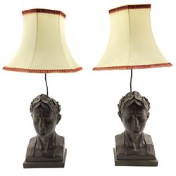Pair lamps the bases modelled as iron style busts of Roman champions H90cm