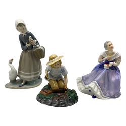 Two Royal Doulton figures 'Happy Anniversary' HN3097 and 'Gardening Time' together with a Lladro figure of a woman holding a basket of Geese (3)