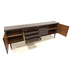 Mid Century retro Italian mahogany veneered Vintage sideboard, circa 1970s, fitted with four drawers flanked by two cupboards, each enclosing a single shelf, raised on turned supports terminating in brass feet, W241cm, H86cm, D47cm